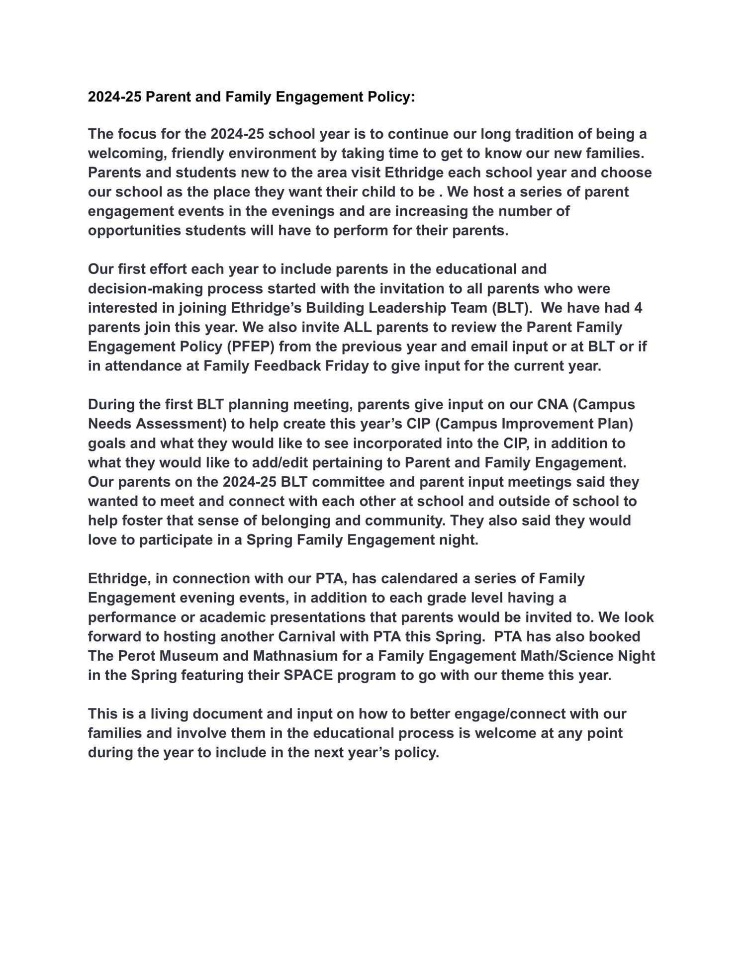 Parent and Family Engagement Policy